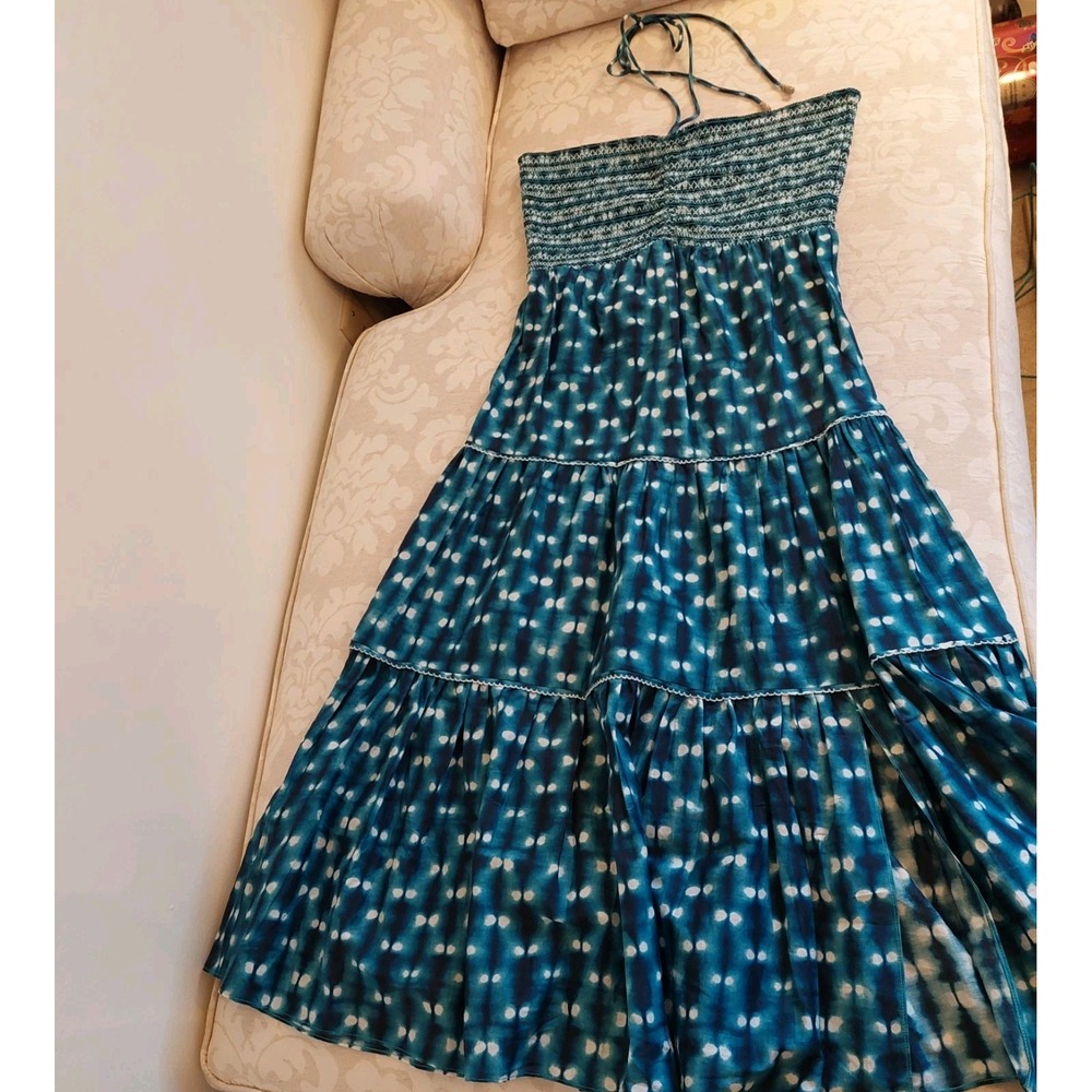 NEW! Calypso St. Barth Tropical Smocked Strap Halter Midi Dress Blue Sz S $625